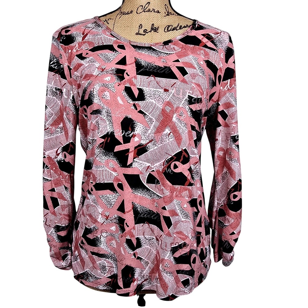 Peter Nygard Long Sleeve Breast Cancer Awareness Ribbon Print Silky Top Womens M